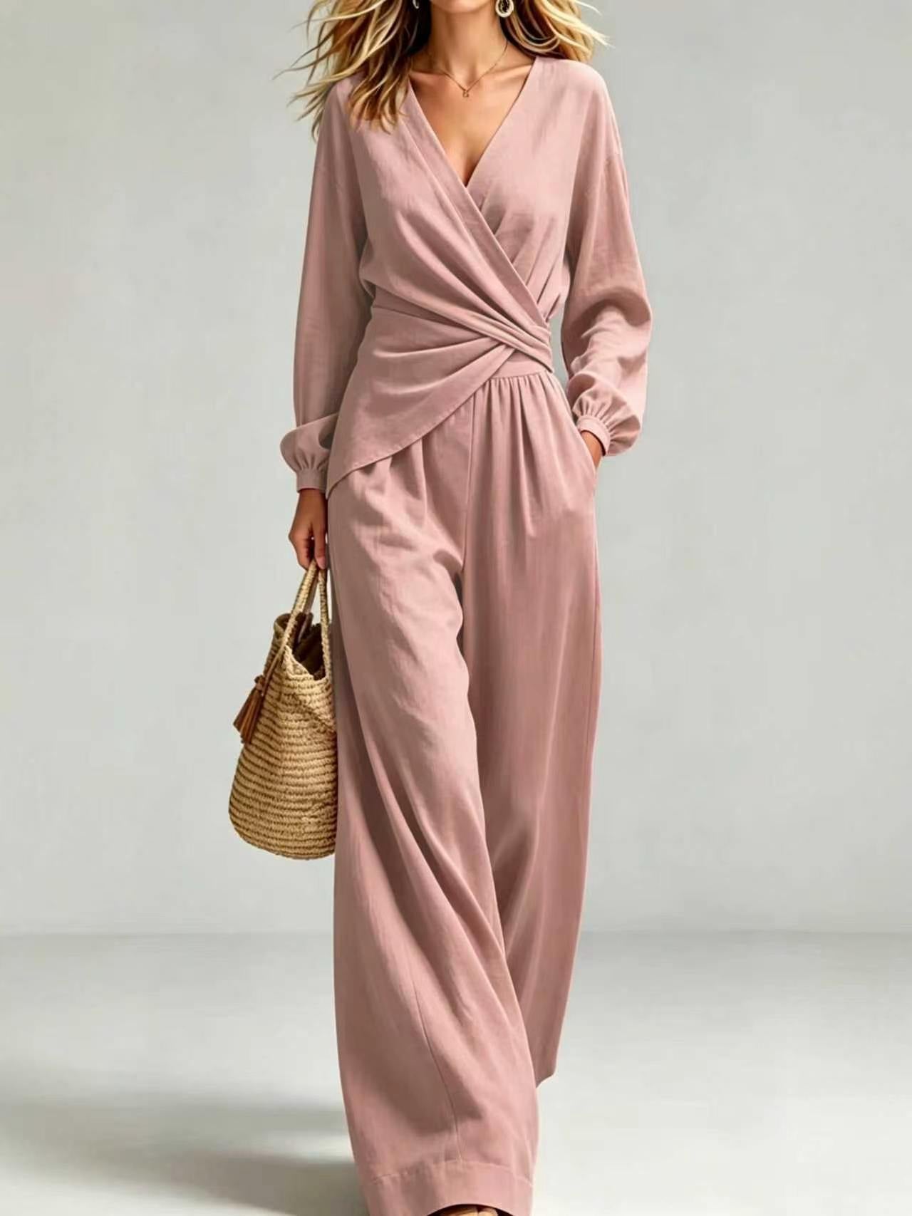 Wrap Blouse & Wide-Leg Trousers Set