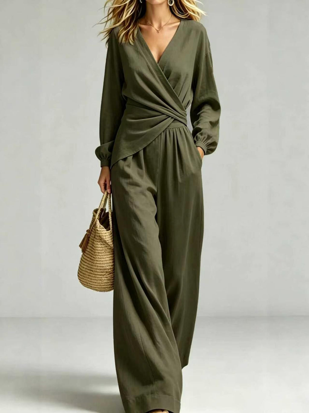 Wrap Blouse & Wide-Leg Trousers Set