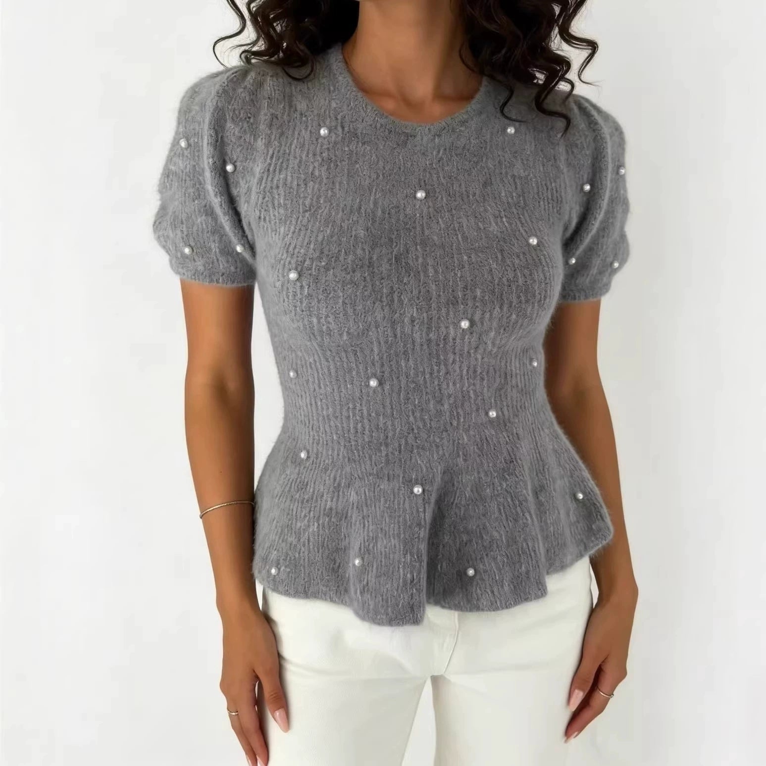 Short-Sleeve Knit Jumper with Pearls