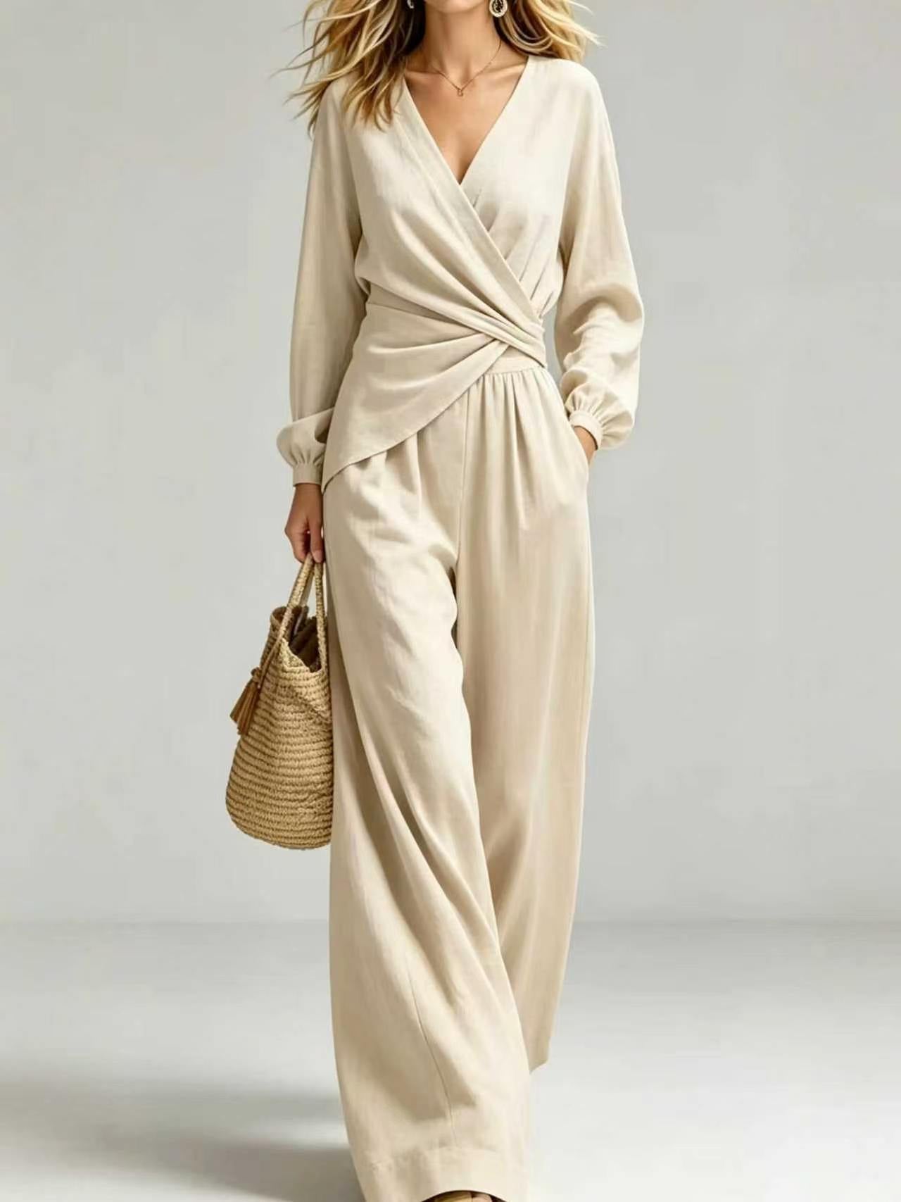 Wrap Blouse & Wide-Leg Trousers Set