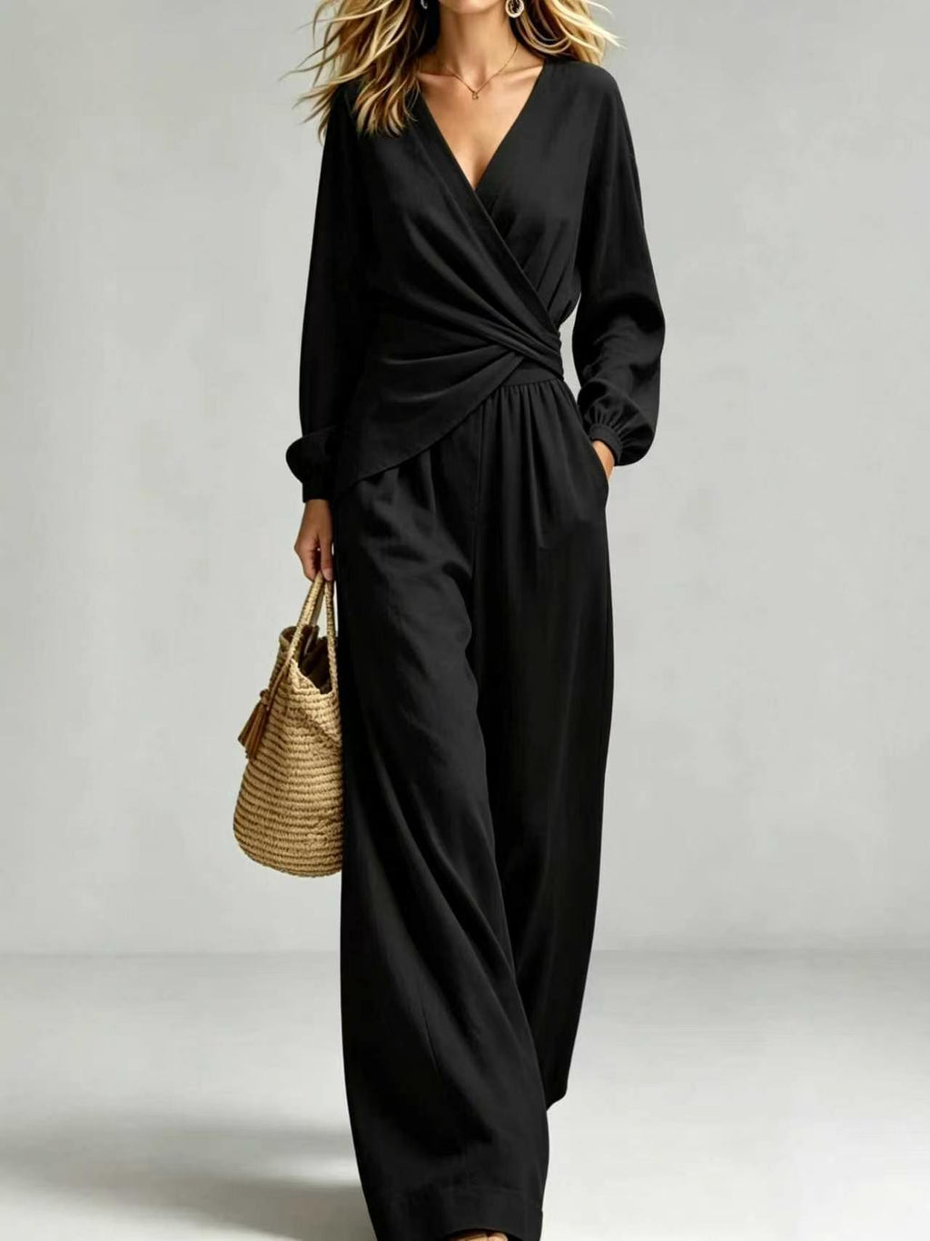 Wrap Blouse & Wide-Leg Trousers Set
