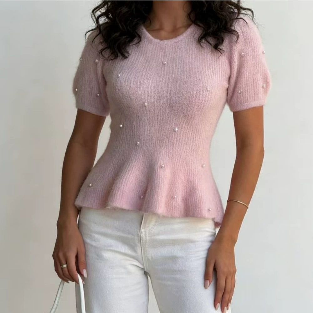 Short-Sleeve Knit Jumper with Pearls