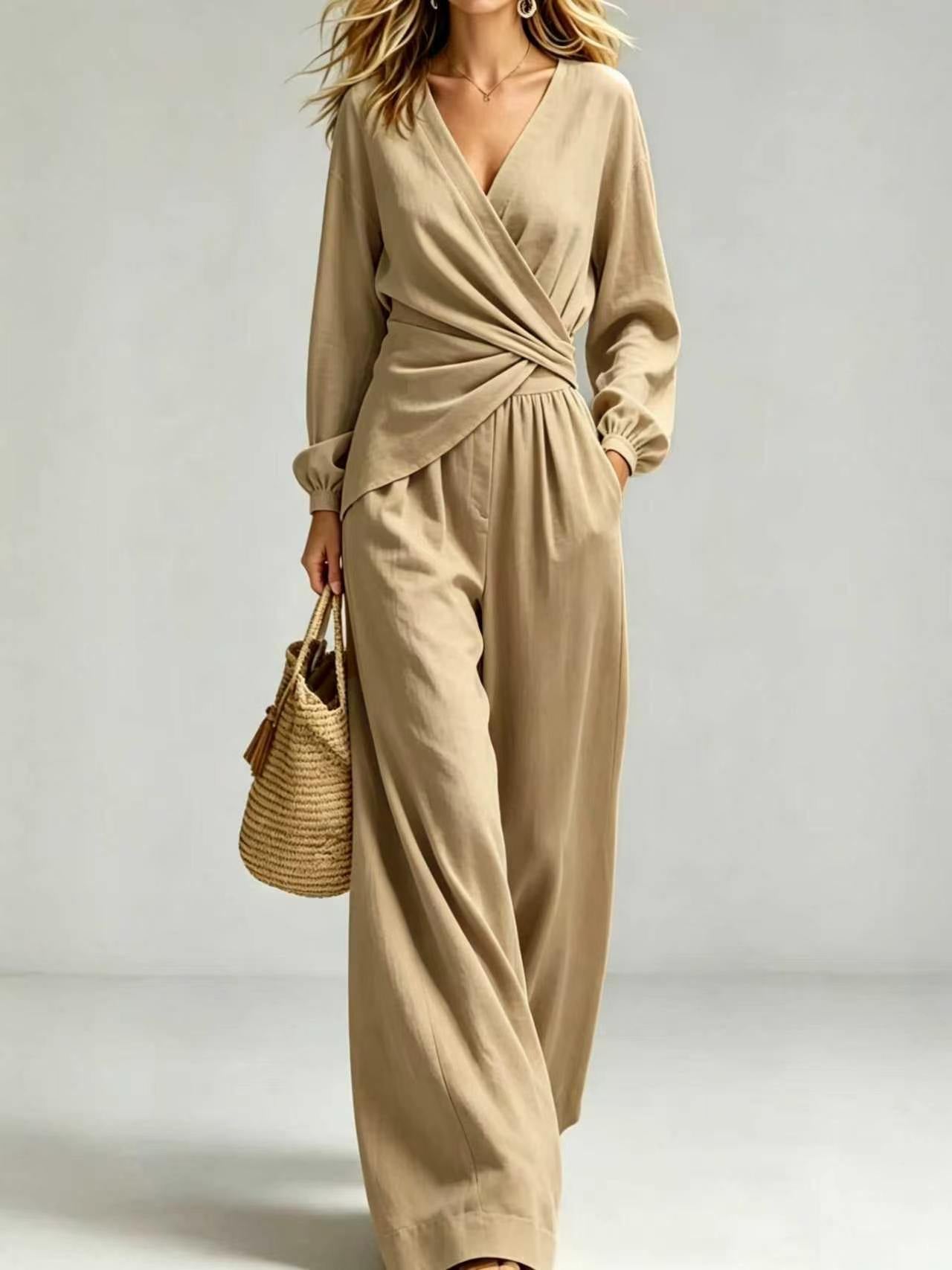 Wrap Blouse & Wide-Leg Trousers Set