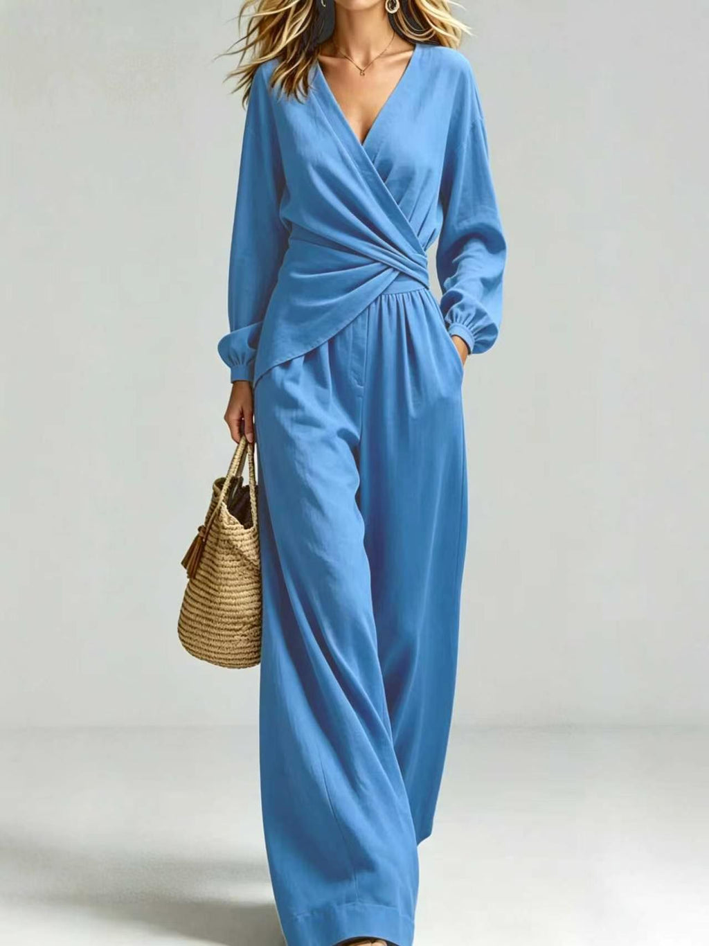 Wrap Blouse & Wide-Leg Trousers Set
